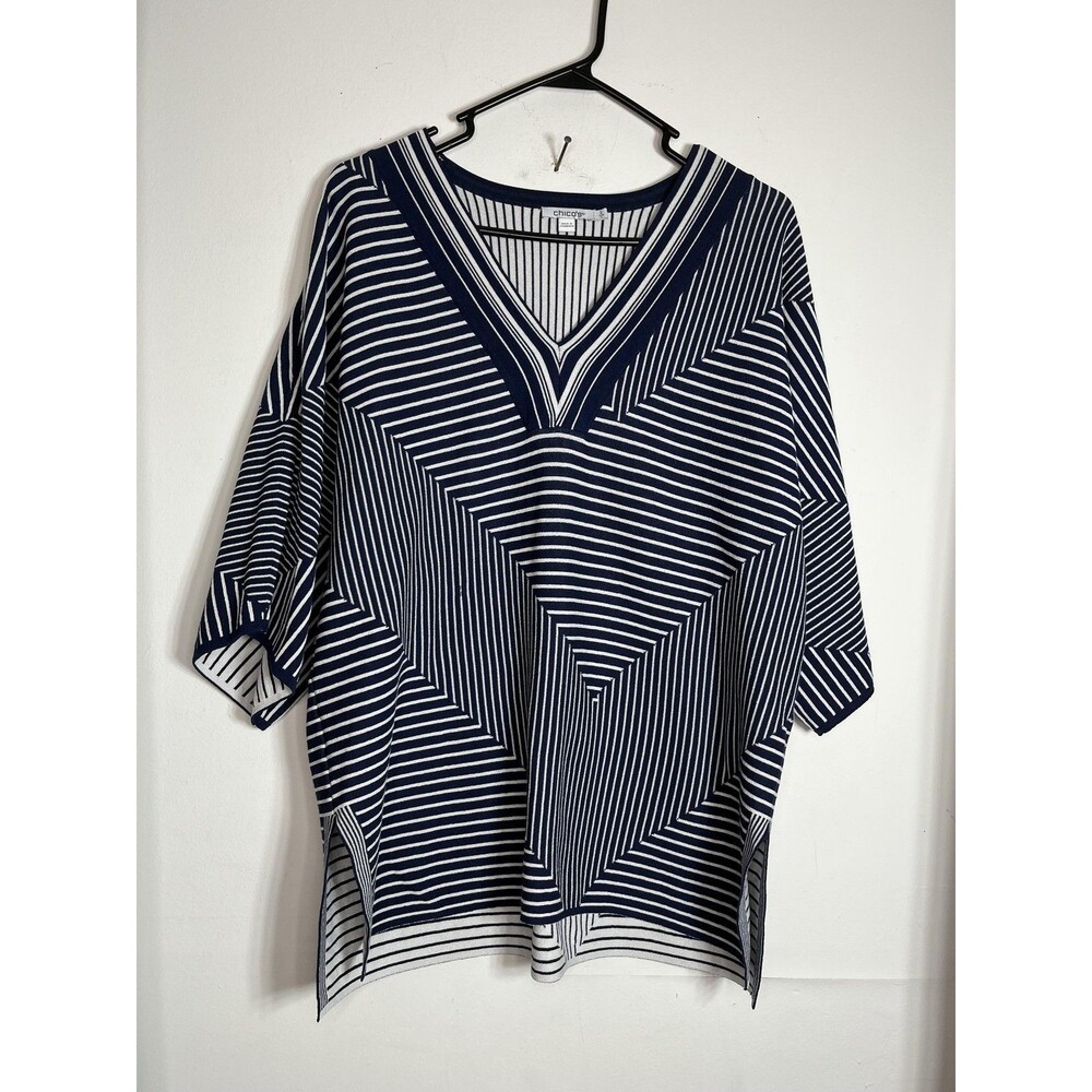 Chico's Sweater Tunic Womens 2 Blue White Striped V Neck Kimono Sleeve Knit
